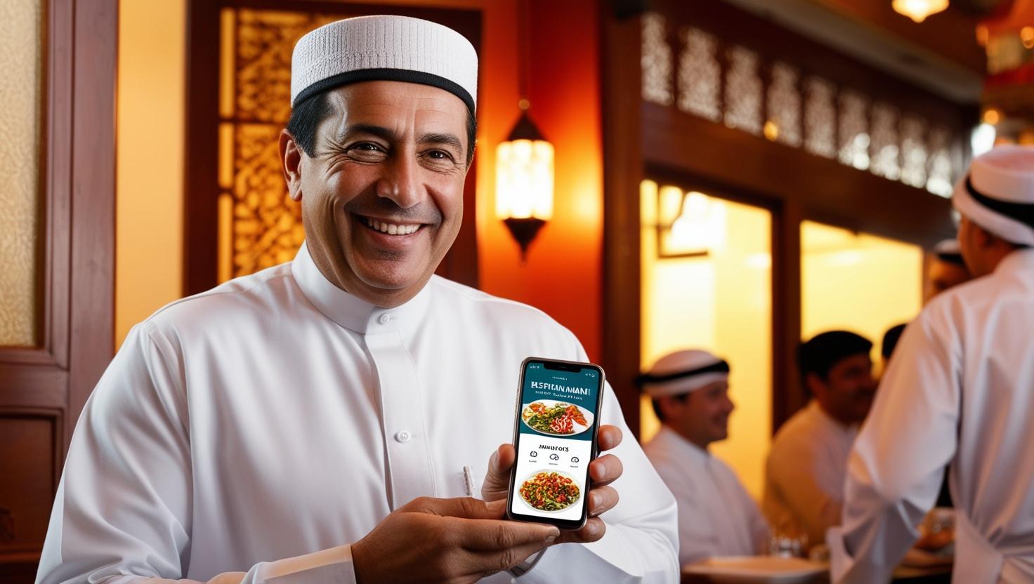 Middle Eastern restaurant owner showing digital menu