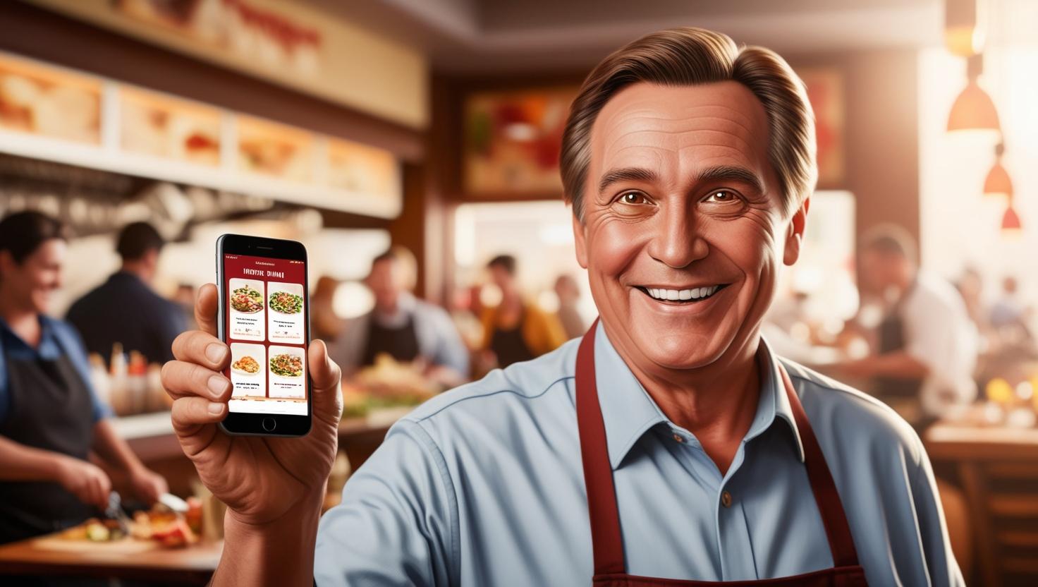 Restaurant owner showing digital menu in a busy restaurant