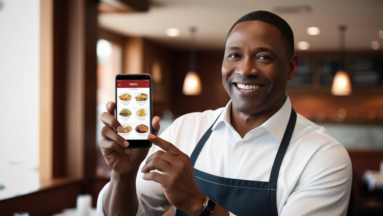 Restaurant owner pointing to digital menu on smartphone